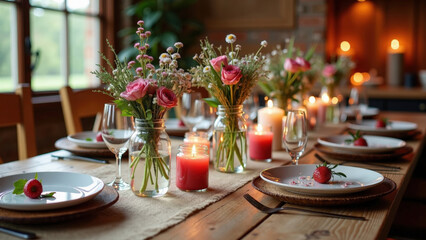 Rustic Table Setting with Candles and Flowers for a Cozy and Romantic Dinner