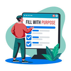 A flat illustration of a character checking task completion list 