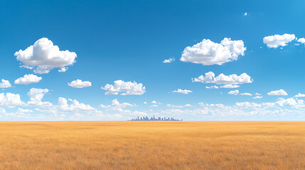 Obraz premium panoramic view of golden prairie under bright blue sky with fluffy clouds, showcasing distant city skyline