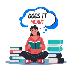 A flat illustration of a character reading book 