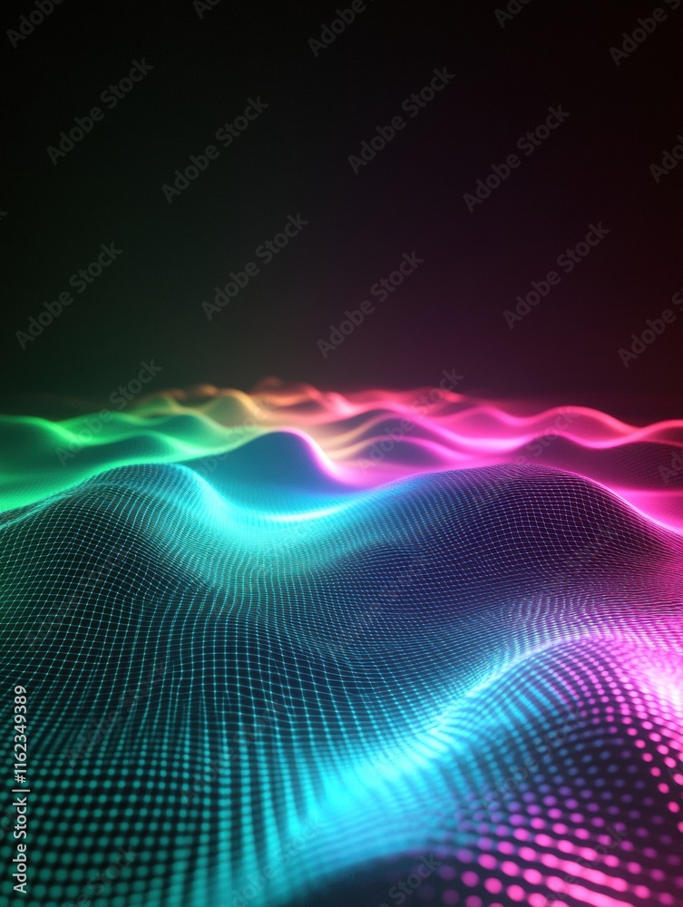 Poster 3D pulsating light waves create a stunning neon display during an artistic digital experience. Generative AI