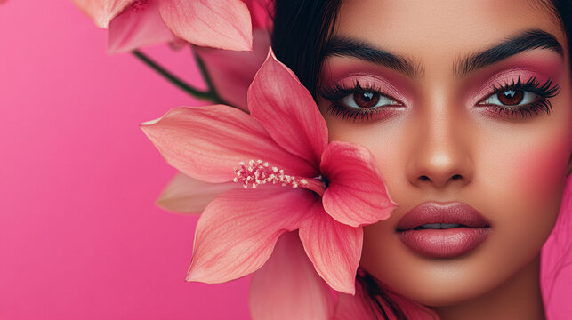 Beautiful young indian woman with flowers and petals on her face. Beauty parlor vertical banner concept, copyspace Pink background.