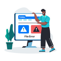 A flat illustration of a character having file error 
