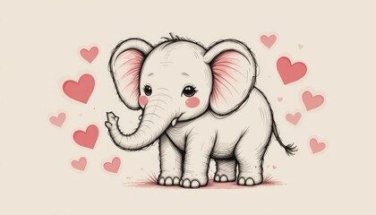 Fototapeta premium Cute elephant character surrounded by hearts expressing love and joy in a playful design