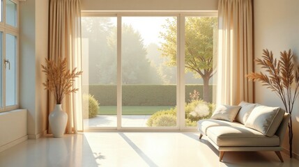 Fototapeta premium Serene Sunlight Illuminates a Minimalist Living Space with Neutral Tones and Natural Elements, Offering a Tranquil View of a Lush Garden Through Expansive Windows