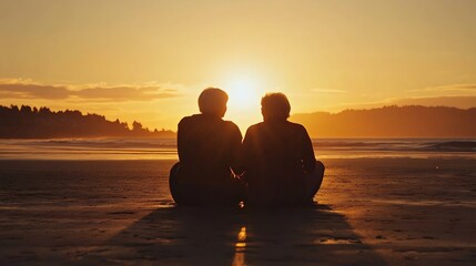Silhouette of two people sitting on a beach during a stunning sunset, capturing a moment of connection and tranquility by the sea.