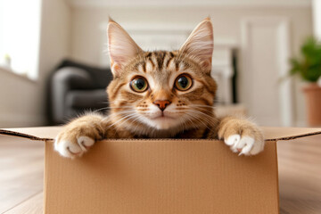 Curious cat peeking out of a cardboard box in a cozy living room