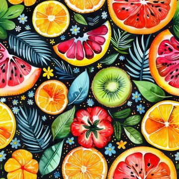Vibrant watercolor fruit pattern background featuring a variety of colorful fruits and berries