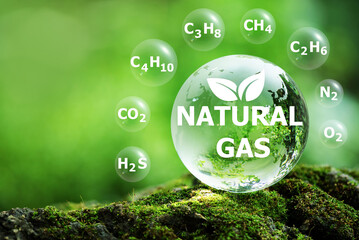 NATURAL GAS text on glass globe and icons on natural background.