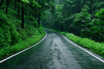 Obraz premium Scenic winding road through lush green forest during rain