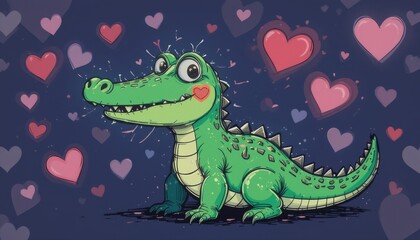 Naklejka premium Charming cartoon crocodile expressing love in a colorful heart-filled backdrop