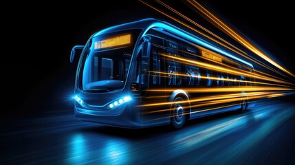 Dynamic electric bus in motion urban city digital art nighttime futuristic viewpoint