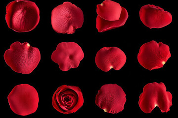 Red rose petals arranged in a beautiful pattern on a dark background