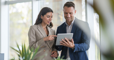 Obraz premium Tablet, meeting and business people in office with research for break in finance stock market. Discussion, digital technology and financial advisors with online revenue, profit or equity report