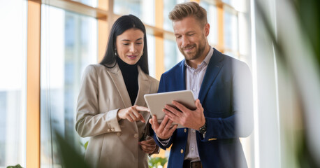 Tablet, meeting and business people in office with research for break in finance stock market. Discussion, digital technology and financial advisors with online revenue, profit or equity report