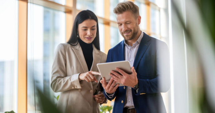 Tablet, meeting and business people in office with research for break in finance stock market. Discussion, digital technology and financial advisors with online revenue, profit or equity report