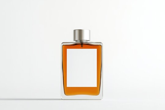 top-down view of minimalist perfume bottle with blank white label positioned elegantly on plain white surface with