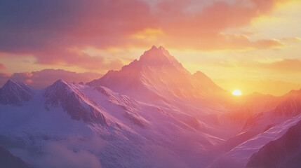 Majestic mountain landscape at sunrise with vibrant colors and snowy peaks