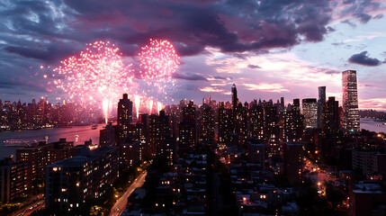 Obraz premium stunning firework display illuminates city skyline dusk, creating vibrant atmosphere. colorful bursts reflect over water, enhancing urban