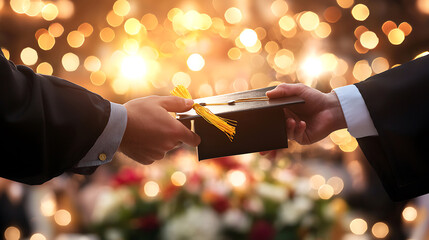 Graduation ceremony with diploma being handed over, celebrating achievement and success in joyful atmosphere