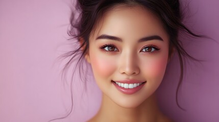 Obraz premium Radiant Woman: Soft Light, Peach Blush, and Gentle Smile