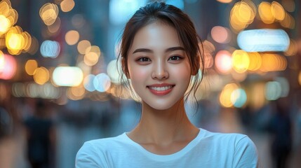 Obraz premium Smiling young woman in a vibrant city setting.