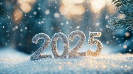 Frosty Silver 2025 on Snowy Winter Background, New Year Celebration