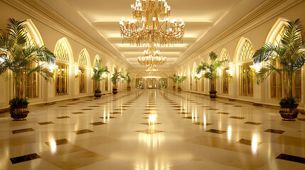 Fototapeta premium Luxurious hotel lobby with elegant chandeliers, marble floors, and palm trees. stunning interior design that exudes sophistication and comfort
