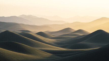 Rolling green hills bathed in soft light during sunrise in a serene landscape