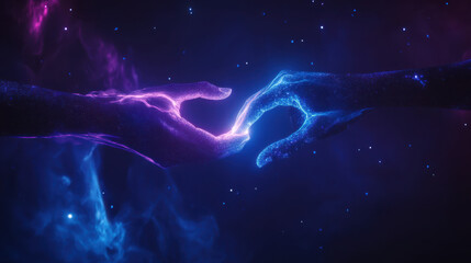 A surreal artistic representation of two hands joining together, their surfaces morphing into flowing ribbons of light, suspended in a vast cosmic void filled with sparkling stars and nebulous clouds.