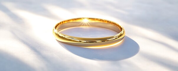 A simple gold bracelet placed on a smooth white background, reflecting bright light and showcasing crisp details. contrast, white background, well-lit, sharp