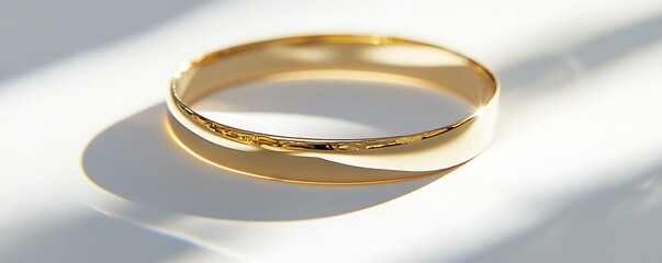 A simple gold bracelet placed on a smooth white background, reflecting bright light and showcasing crisp details. contrast, white background, well-lit, sharp