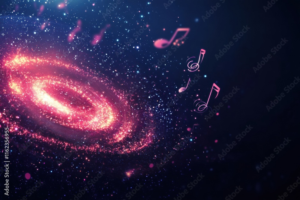 Poster 3d galaxy of stars forming a sound wave spiral with musical notes drifting through the cosmos. gener