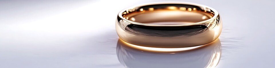 A shining gold ring with a minimalist design, placed on a clean white background with vibrant, crisp details and sharp reflections. contrast, white background, well-lit, sharp, realistic