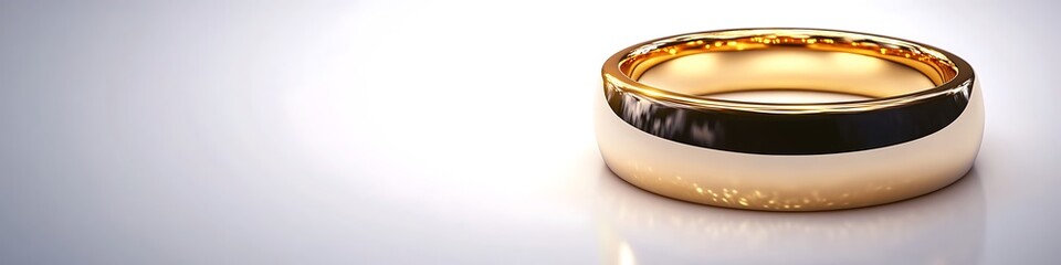 A shining gold ring with a minimalist design, placed on a clean white background with vibrant, crisp details and sharp reflections. contrast, white background, well-lit, sharp