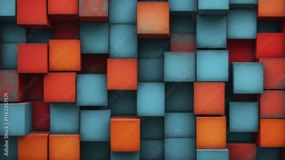 Wall mural Digital artwork of 3D cubes in shades of blue, red, and orange, creating a dynamic and textured composition.