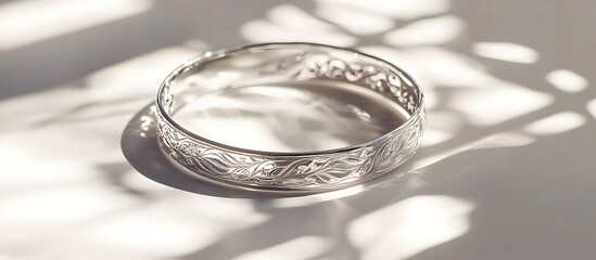 A silver bracelet with elegant engravings placed on a pristine white surface, reflecting bright light and soft shadows. contrast, white background, well-lit, sharp