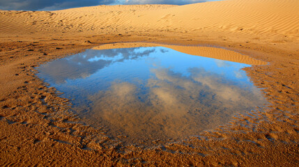 Unique Desert Landscape Featuring Large Puddles of Rainwater Under Dramatic Sky