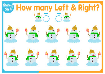 children's educational game, tasks. count how many elements will be placed on the right and how many on the left. New Year. Christmas	
