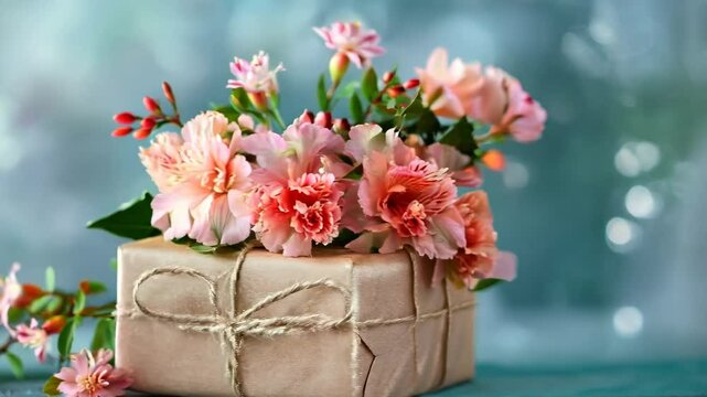 Pink carnations and small flowers rest on a small gift box wrapped in brown paper and tied with twine