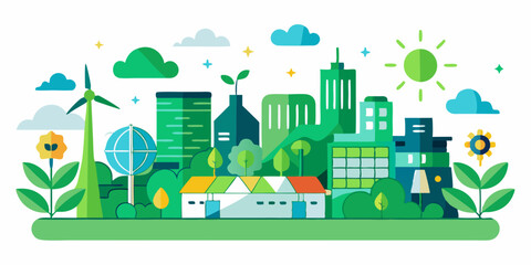 Fototapeta premium Green City Design: Sustainable Urban Living with Renewable Energy and Eco-Friendly Architecture.Green city horizontal banner in geometric flat style. Ecology,sustainable poster.