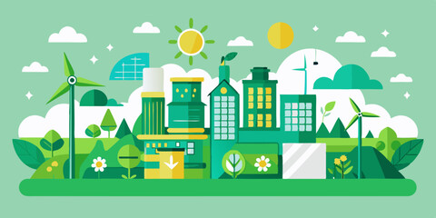 Green City Design: Sustainable Urban Living with Renewable Energy and Eco-Friendly Architecture.Green city horizontal banner in geometric flat style. Ecology,sustainable poster.