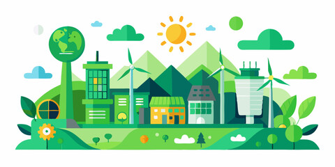 Fototapeta premium Green City Design: Sustainable Urban Living with Renewable Energy and Eco-Friendly Architecture.Green city horizontal banner in geometric flat style. Ecology,sustainable poster.