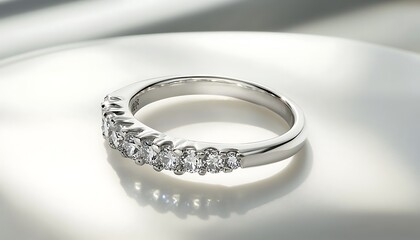A silver ring adorned with diamonds placed on a clean white surface, casting bright reflections under soft lighting. contrast, white background, well-lit, sharp, realistic