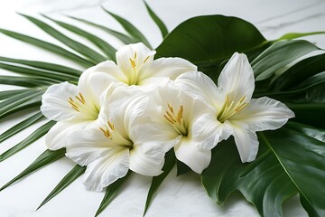 Elegant arrangement of three white lilies and tropical leaves on marble.