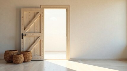 Fototapeta premium Light streams into a minimalist room through an open wooden door, illuminating three woven baskets on the light-colored floor