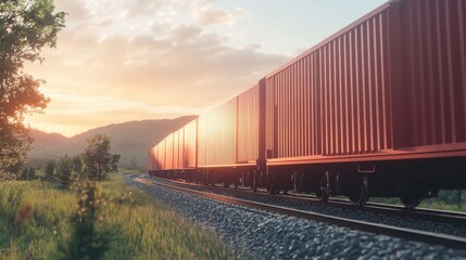 Obraz premium Evening Freight Train Transporting Goods in Mountain Landscape