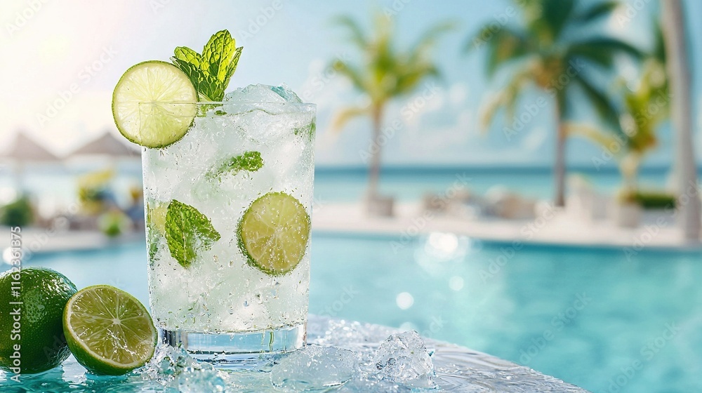 Wall mural   A refreshing drink with limes and mints resting beside a serene pool overlooking the captivating ocean view