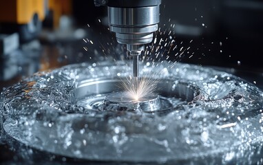Precision cutting: A mesmerizing dance of sparks and water as a CNC machine carves metal with surgical accuracy. Intricate details, precise movements.