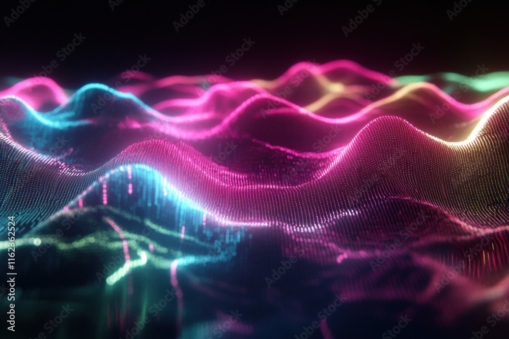 Leinwandbilder 3D visual representation of pulsating light waves with neon glow creating a mesmerizing effect in a dark environment. Generative AI